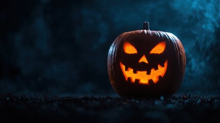 Naklejka premium Sinister Halloween Pumpkin in Eerie Mist with Copy Space, Selective Focus - Ultra HD