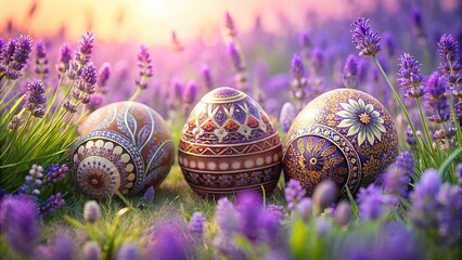Beautifully intricate ornate decorative eggs displayed in a lush lavender floral field, creating a captivating spring composition
