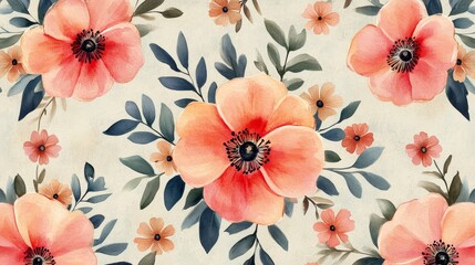 Watercolor Floral Pattern with Peach Flowers and Green Leaves