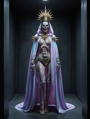 Fototapeta premium full body establishing shot of a ultraviolet opalescent cloaked undead warrior, wearing a golden spiky crown, platinum accessories adorned, in an enclosed dark chamber, post apocalyptic, horror core