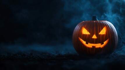 Sinister Jack-o'-lantern Illuminated in Dark Mist with Copy Space, Selective Focus Ultra HD