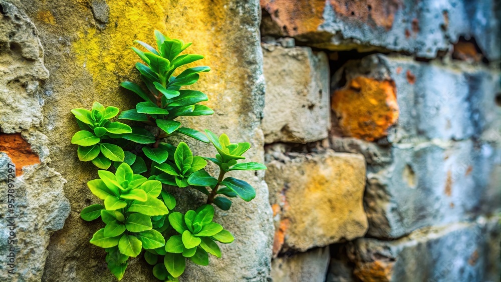 Canvas Prints Close-up of a vibrant green plant growing against a weathered stone wall