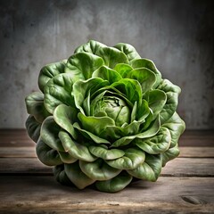 Obraz premium A realistic 3D illustration of a fresh butterhead lettuce. captured in high detail with a rustic wooden background.