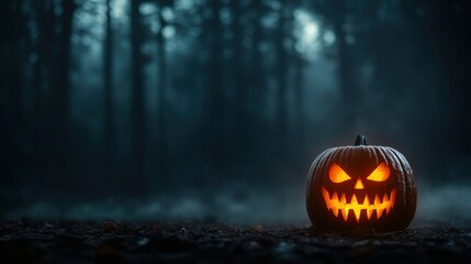 Eerie Jack-o'-Lantern in Foggy Forest - Halloween Spooky Concept with Copy Space, Selective Focus, and Ultra HD Detail