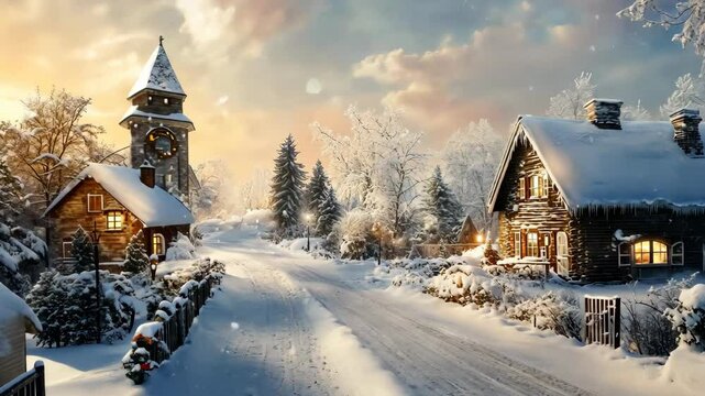 Cozy winter village at sunset with snow-covered cottages and a clock tower