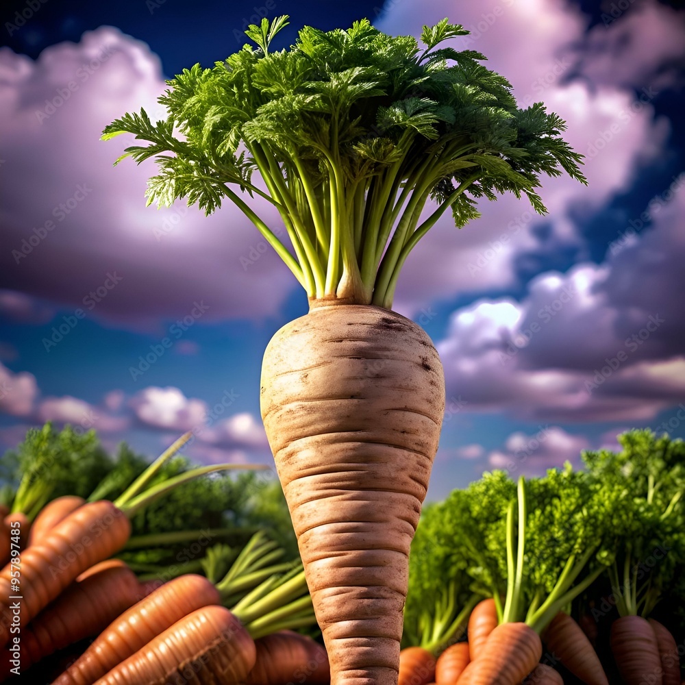 Poster a vibrant 3d illustration of a single parsnip standing tall among a field of carrots.