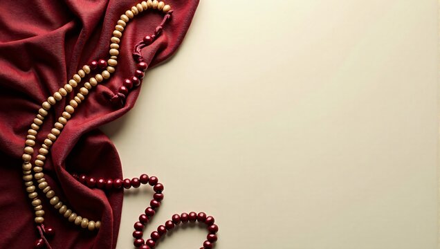 Islamic Muslim background with copy space featuring tasbih and Quran and prayer carpet, for any Islamic designs.