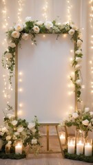 A 24x36 inch blank white paper set on an minimalist gold metal easel. Let the realistic light beams hit this pure white canvas with no writing on it and create a pleasant shadow.