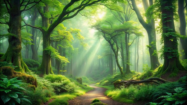 Enchanting misty forest landscape with lush green foliage, a serene and magical scene perfect for nature lovers and fantasy enthusiasts
