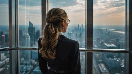 Fototapeta premium girl formal wear in Skyline view from glass elevator background