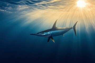 Obraz premium A Spearfish Swimming Through Sunbeams in the Ocean