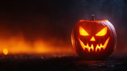Haunting Jackolantern with Menacing Grin in Ghostly Mist and Flickering Shadows, Copy Space for Text, Selective Focus - Ultra HD