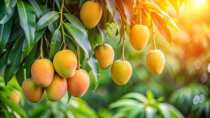 Fresh ripe mangoes hanging from a lush green tree branch