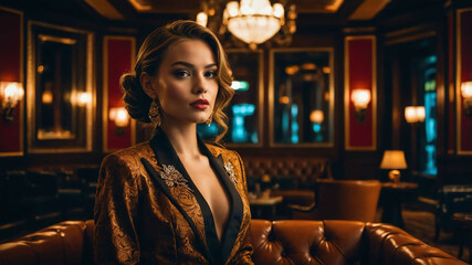 girl formal wear in Upscale cigar lounge background