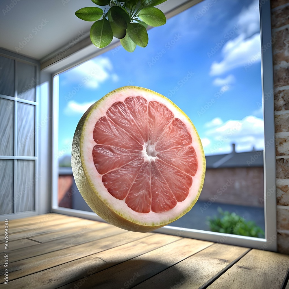 Aufkleber a vibrant 3d illustration of a grapefruit slice hovering above a wooden table. creating a sense of p