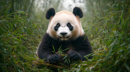 Obraz premium A gentle giant panda munching on bamboo in a serene Chinese bamboo forest
