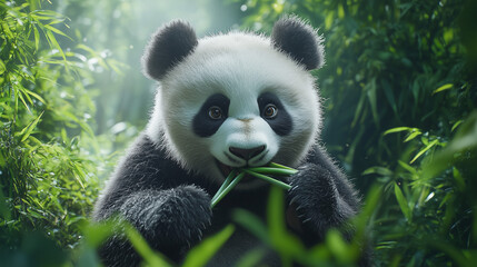 Obraz premium A gentle giant panda munching on bamboo in a serene Chinese bamboo forest