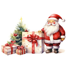 Santa Claus with gift boxes and christmas tree. Watercolor illustration isolated on transparent background.