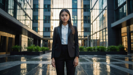 Obraz premium girl formal wear in Urban office building exterior background