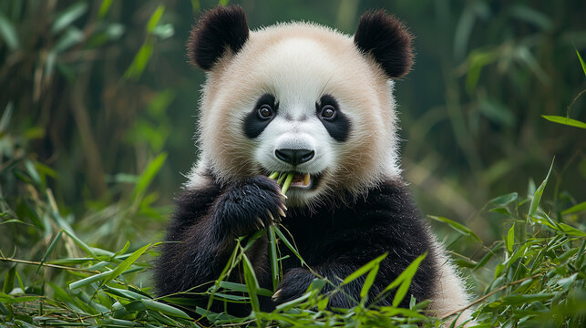 A gentle giant panda munching on bamboo in a serene Chinese bamboo forest