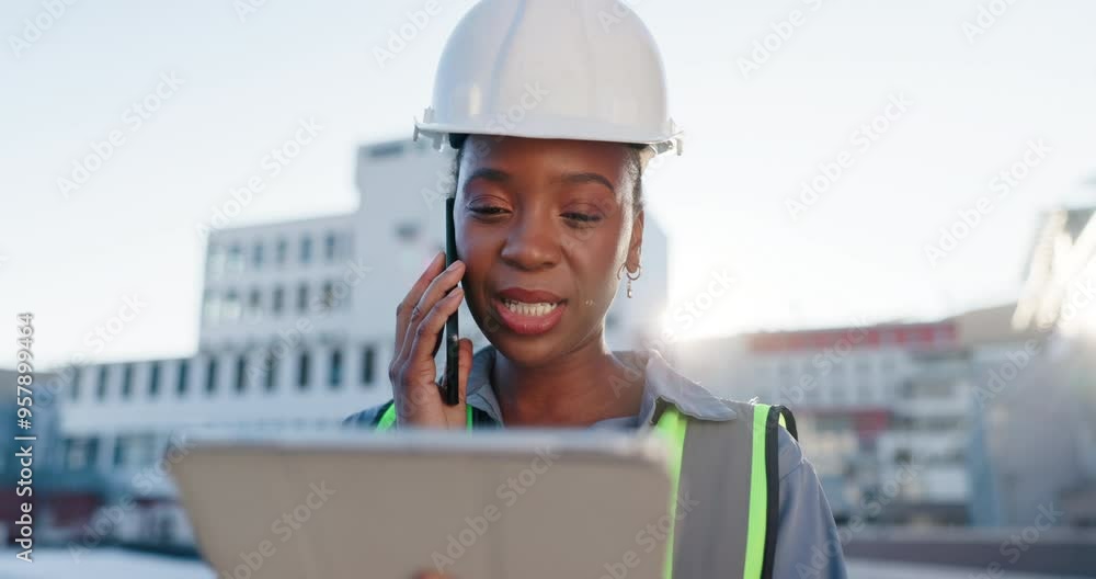 Poster Tablet, phone call and woman construction worker on site with communication for contract city planning. Technology, industry and African civil engineer with mobile discussion for renovation approval.