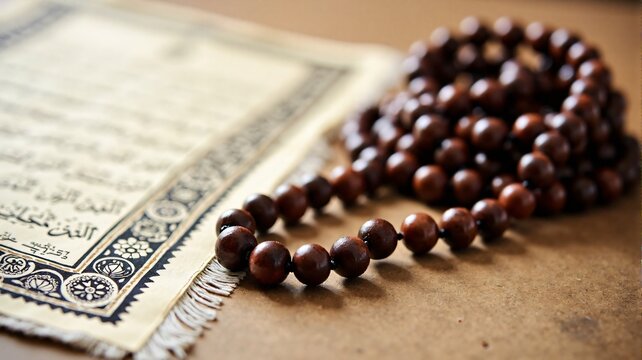 Islamic Muslim background with copy space featuring tasbih and Quran and prayer carpet, for any Islamic designs.