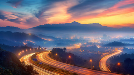 Highway winding through mountains at sunrise