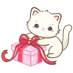 Kawaii Illustration doodle pink Christmas for greeting card, invitation, party  Hand drawn cute white cat trying to open a pink Gift present
