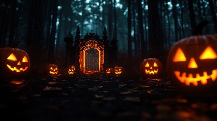 Enchanted Halloween Forest with Gothic Gate and Glowing Jack-o'-lanterns - Spooky Fantasy Landscape with Copy Space