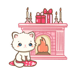 Kawaii Illustration doodle pink Christmas for greeting card, invitation, party  Hand drawn cute white cat by the fireplace
