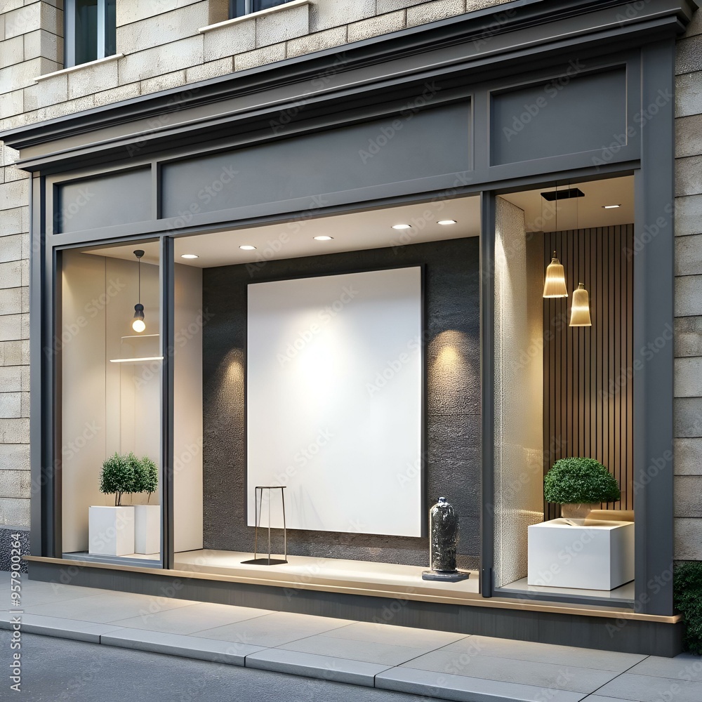 Poster a modern storefront with a large blank sign perfect for displaying your brand or message.
