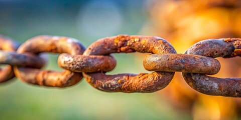 Fototapeta premium Close-up of rusted chain with soft blurred background, focusing on end of chain