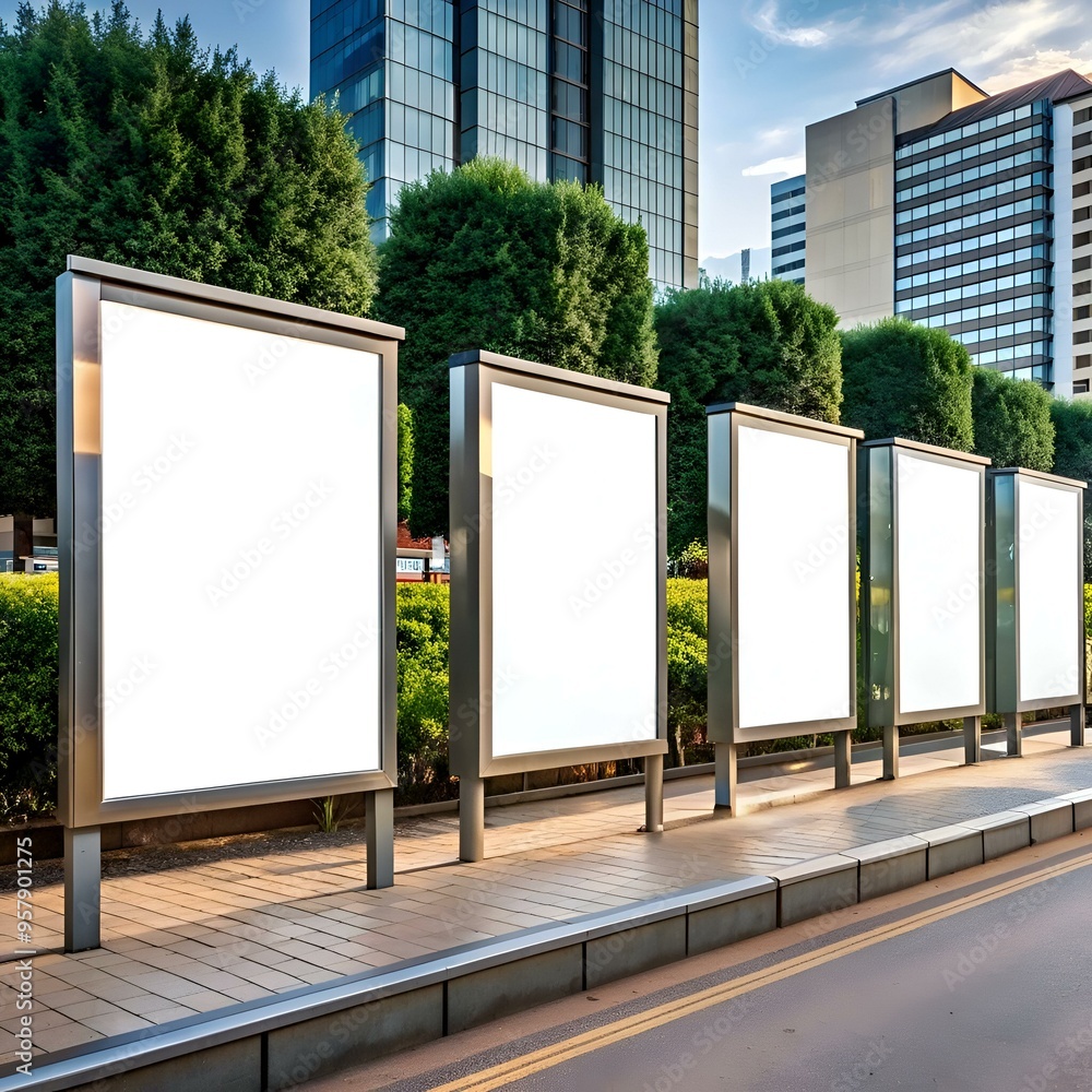 Poster a row of blank billboard signs in a city setting with greenery in the foreground and modern building