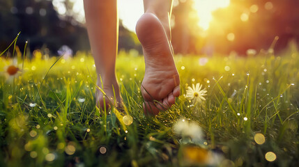 A person walks barefoot through a lush green field vibrant with blooming flowers, enjoying the warm sunlight and the calm atmosphere of golden hour - Generative AI