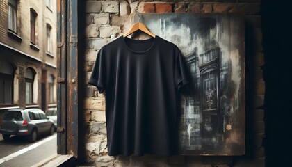 Naklejka premium Black T-Shirt Hanging Against Vintage Brick Wall Urban Street Art Background, Fashion Concept, Rustic Window Display, Casual Clothing, Moody Atmosphere, Daylight