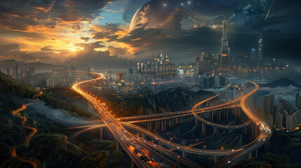 Futuristic Cityscape with Elevated Highways at Sunset
