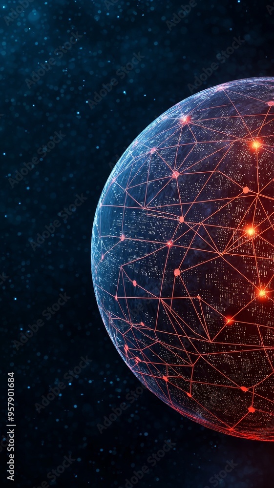 Poster futuristic digital globe with network connections and glowing red nodes against a deep blue space ba