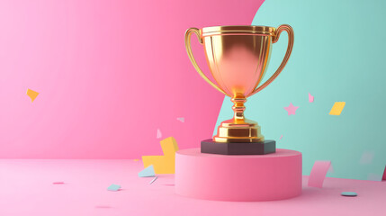 Fototapeta premium A 3D render featuring a flat icon of a golden trophy or champion cup, designed in a lofi anime cartoon style. The trophy is depicted with a sleek, minimalistic design, emphasizing its role as a symbol