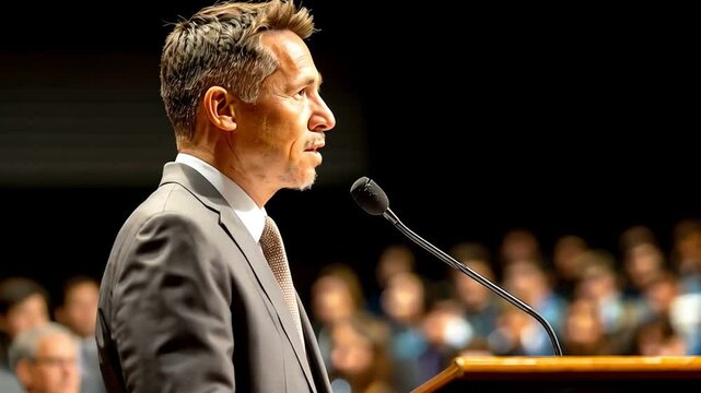 High school assembly, principal speaking at podium, engaged students, school environment