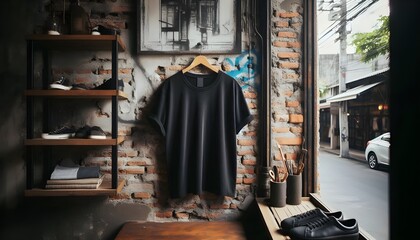 Black T-Shirt Hanging Against Vintage Brick Wall Urban Street Art Background, Fashion Concept, Rustic Window Display, Casual Clothing, Moody Atmosphere, Daylight