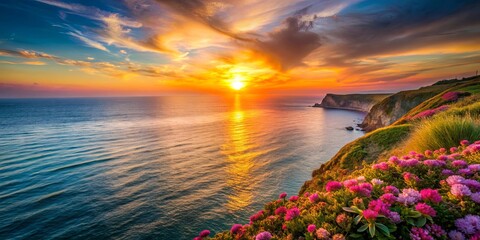 Vibrant sunset serenade from cliff overlooking sea with blooming flowers