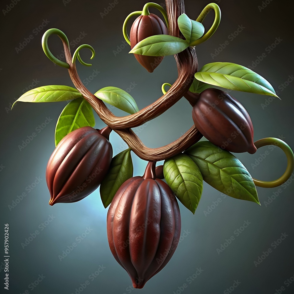 Poster a 3d illustration of a chocolate vine with four pods. perfect for adding a touch of sweetness to any