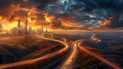 Cityscape at Sunset with Winding Road
