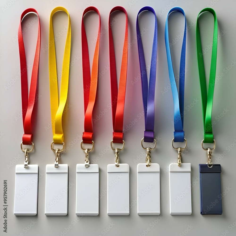 Poster a set of seven colorful lanyards with blank id card holders. perfect for branding. events. or adding