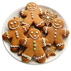 Gingerbread cookies on white plate isolated on transparent background