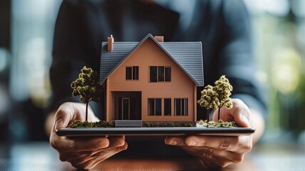 Digital Real Estate Investment and Home Insurance Concept, Person Holding Virtual House Model on Tablet, Online Property Buy Sell Platform