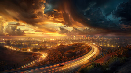 City Lights and Highway at Sunset