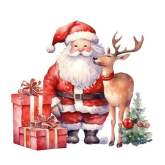 Watercolor Santa Claus and reindeer with gifts. Christmas illustration isolated on transparent background.