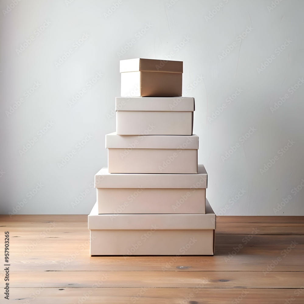 Poster minimalist image of a stack of five cardboard boxes. perfect for adding a simple. clean design to yo