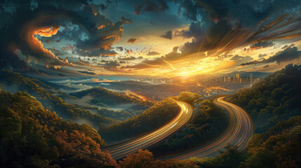 Cityscape Sunset with Winding Road